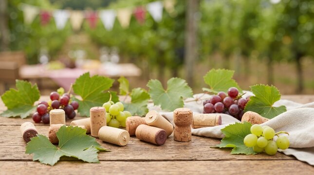 Wine corks and fresh grapes scattered on rustic wooden table. Vineyard harvest setting with wine celebration background. Winemaking and winery tasting concept