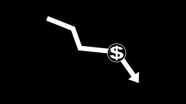 Coin and arrow pointing down, concept of financial crisis. Economy decrease and recession. Money symbol with down arrow, Lower cost icon,