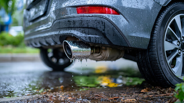 Detailed close-up of a shiny chrome car exhaust tip covered in rainwater droplets, smooth metallic surface reflecting the surrounding environment, wet pavement and subtle greenery softly blurred beh