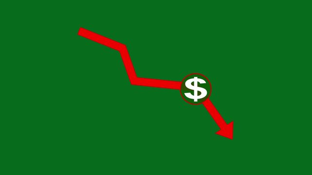Coin and arrow pointing down, concept of financial crisis. Economy decrease and recession. Money symbol with down arrow, Lower cost icon,