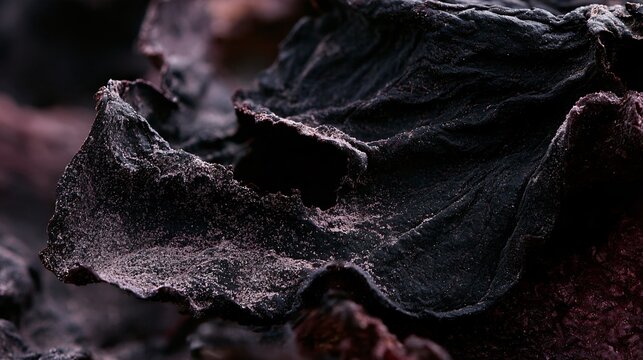 A macro photograph of decayed autumn fruit skin creates unsettling organic dark Halloween textures through wrinkled black-purple surfaces, dried cavities, dusty bloom, collapsed folds