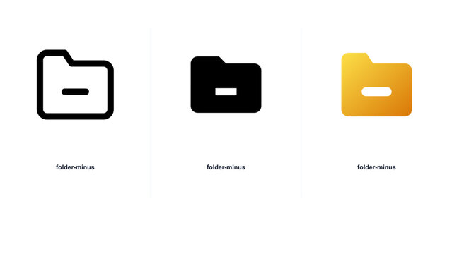 Three folder minus in outline, solid black, and orange gradient styles, isolated on a white background, for digital interface applications