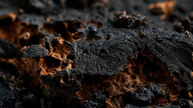 A macro view of charred cork produces porous dark Halloween textures filled with irregular cavities, brittle ridges, carbon-black fragments