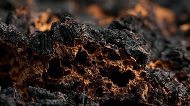 A macro view of charred cork produces porous dark Halloween textures filled with irregular cavities, brittle ridges, carbon-black fragments