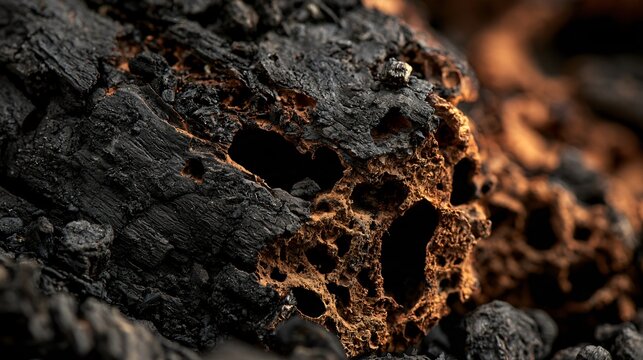 A macro view of charred cork produces porous dark Halloween textures filled with irregular cavities, brittle ridges, carbon-black fragments