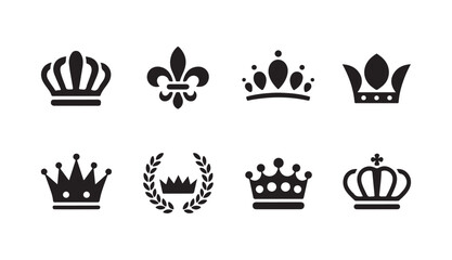 Assorted royal icons including crowns laurel wreath and fleur de lis on checkered background for prestigious logo design. © MDHASIBUR