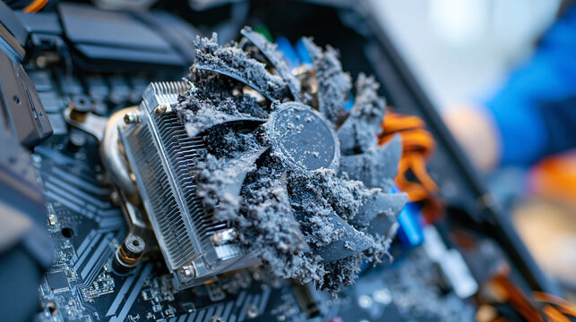 Macro view of a neglected computer cooling system inside a desktop PC case, dusty CPU fan blades and clogged aluminum heatsink fins covered with fine gray particles, intricate motherboard circuitry 