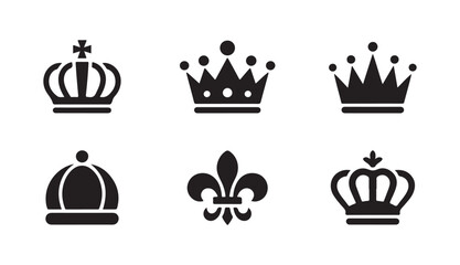 Classic black crown icons and fleur de lis symbol set on grid background for luxury branding and historical designs. © MDHASIBUR