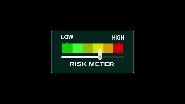 risk meter animated bar speedometer measuring low to high with chroma Black screen background.