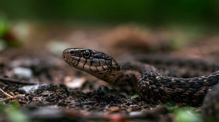 Fototapeta premium A close up of a snake with patterned scales resting on forest floor amidst soil and foliage