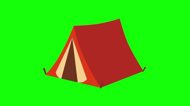 Animated outdoor camping tent. Vacation and travel icon sign, isolated on green screen. Vector cartoon animation. Triangle, shelter, recreation and adventure gear symbol. Minimalist illustration