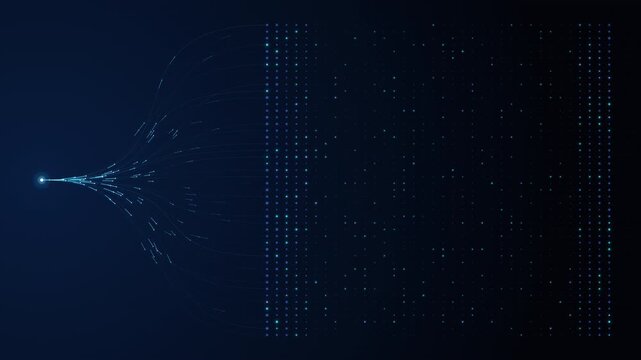 Seamless 4K loop of a centralized AI neural network singularity. A single powerful data source on the left branches out into a vast deep learning dot matrix on a dark blue background.