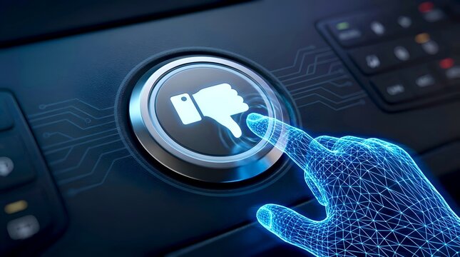 Futuristic digital wireframe hand pressing a glowing button with a thumbs down icon representing negative feedback on a virtual dashboard