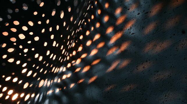 Dark Halloween textures emerge from overlapping shadows cast through irregular perforated metal, producing abstract black shapes, soft-edged gray transitions, tiny points of amber illumination