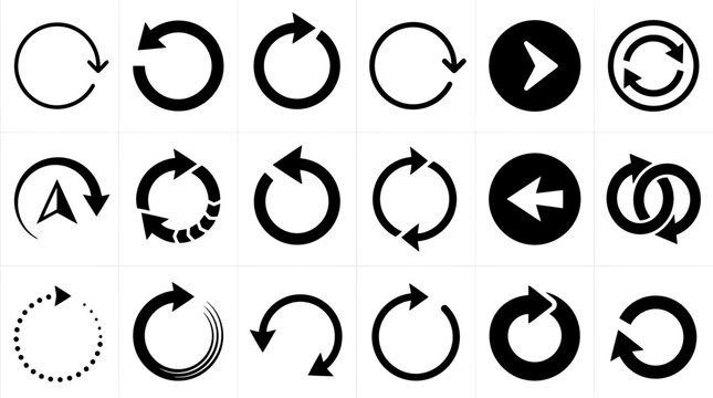 Collection of circular arrow icons representing rotation cycles process and continuous movement in black and white