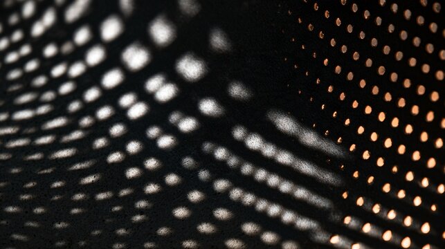 Dark Halloween textures emerge from overlapping shadows cast through irregular perforated metal, producing abstract black shapes, soft-edged gray transitions, tiny points of amber illumination