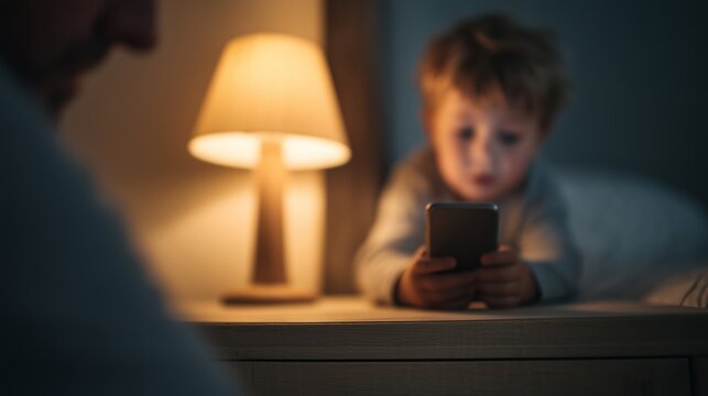 Parent watching child using smartphone at bedside table.