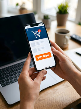 Person Using Smartphone App To Complete Online Shopping Buy Now Action