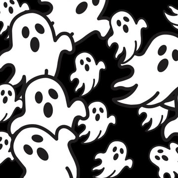 White ghost doodle on black background, ideal for halloweenthemed designs, spooky decorations, party invitations, and festive stationery items.