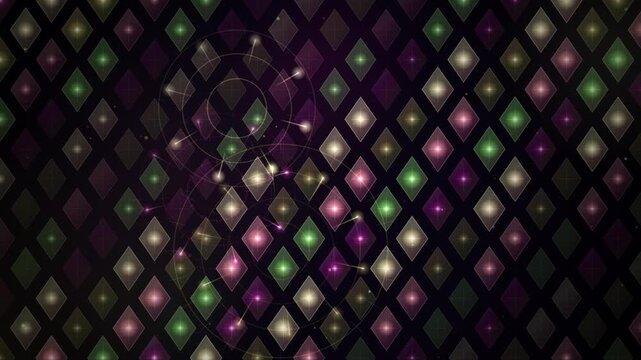 Glowing diamond pattern with abstract circles on a looping purple background.