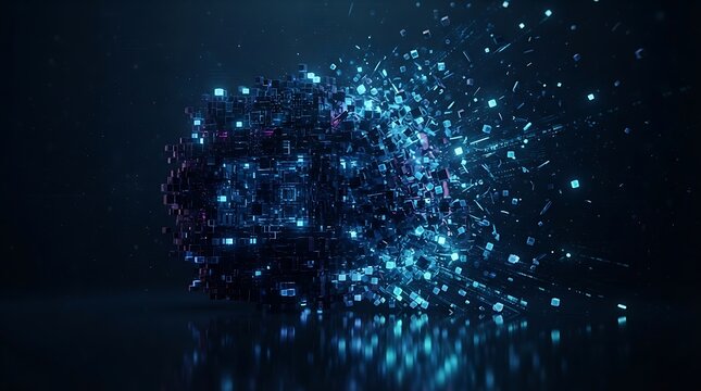 Glowing blue cube structure fragmenting into small particles and geometric shards, floating against a dark, reflective background