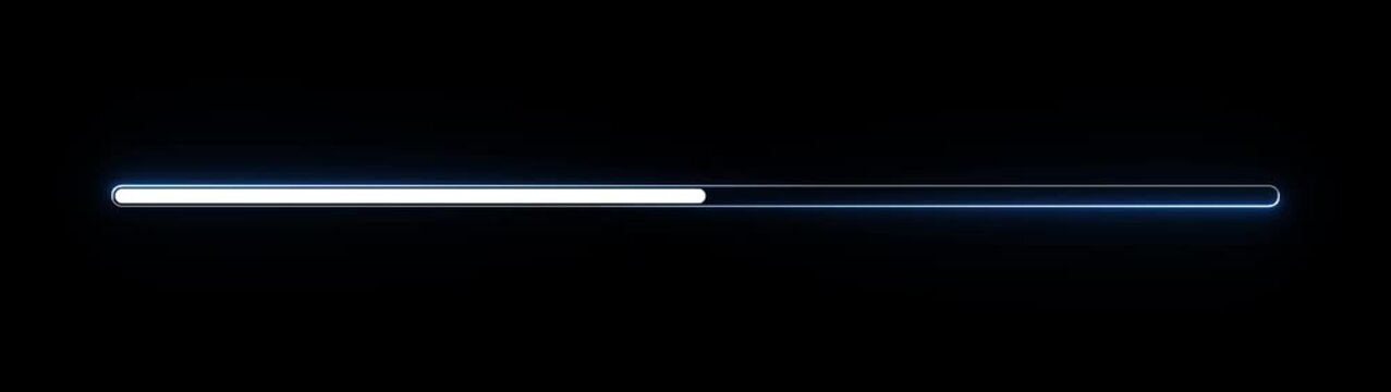 Futuristic loading bar with glowing blue neon light and white progress indicator on a dark black background representing data transfer or system status update in digital technology and interface