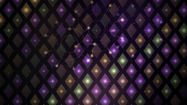 Looping abstract digital pattern featuring glowing diamond grid and connected node network on dark background