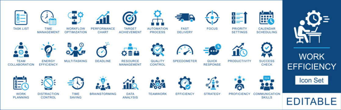 Work efficiency icon set for time management, productivity, workflow optimization, task planning, teamwork, and business strategy.