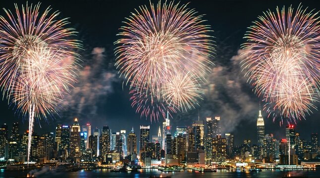 Colorful fireworks exploding over generic modern city skyline at night