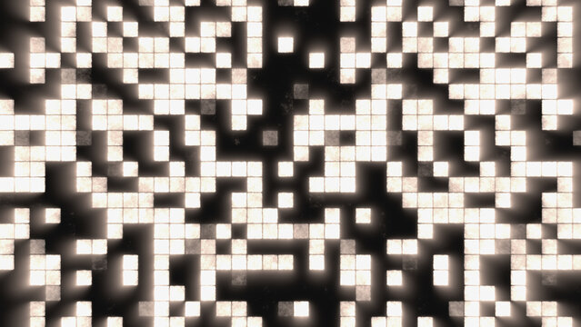 Abstract digital mosaic of illuminated square tiles in black and white, glowing softly on a dark background, dense pixel art pattern with worn texture. Vintage concept.