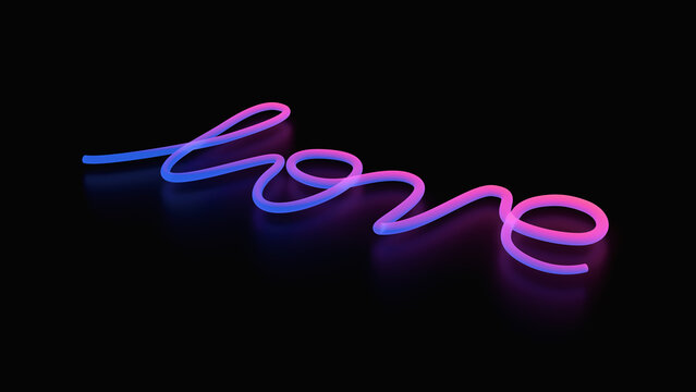 Glowing cursive neon "love" sign in blue to magenta gradient with purple tones, lying diagonally on black surface, soft ethereal reflection, romantic modern decor.