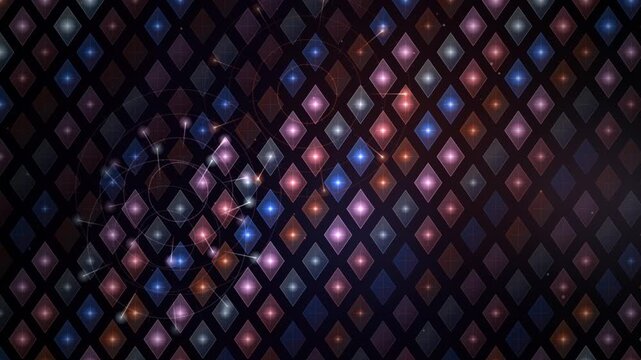 Glowing rhombus lattice loops with pulsing colorful nodes against dark geometric pattern