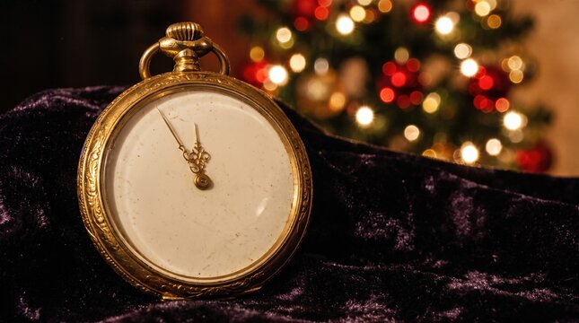 Elegant gold analog pocket watch approaching midnight on dark velvet