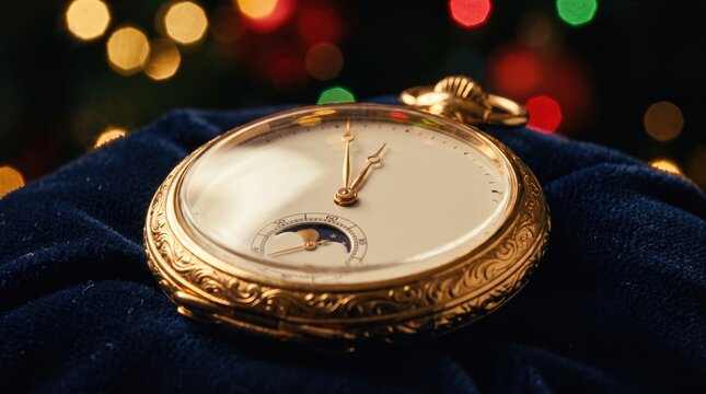 Elegant gold analog pocket watch approaching midnight on dark velvet
