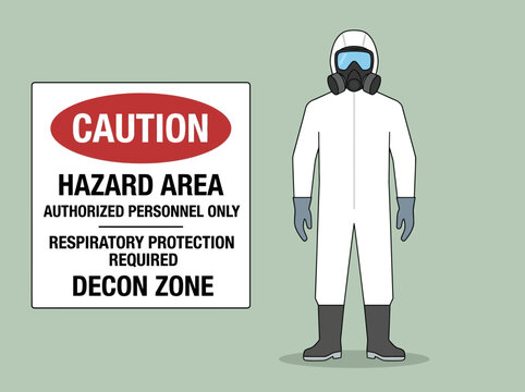 Vector Illustration of Person in Full Hazmat Suit and Respirator Standing Next to Decon Zone Caution Sign