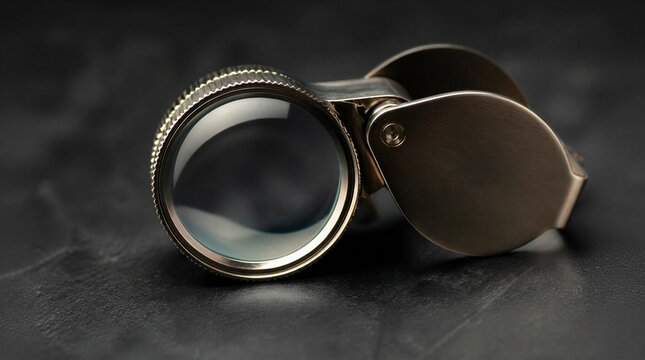 Photorealistic macro shot of a jeweler's loupe featuring a magnifying lens, a metal frame, and subtle reflections on the lens surface, set in a professional workshop