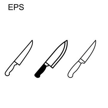Kitchen knife icon vector set, chef knife black line art illustrations, professional culinary cutlery symbols for restaurant menu design