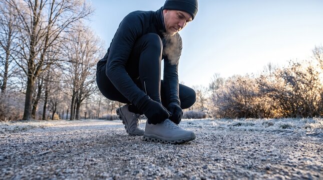 Person tying shoelaces of running shoes on frosty winter park pathway