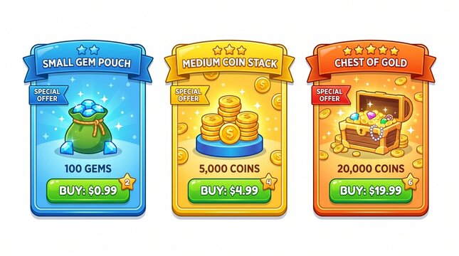 Mobile game store purchase cards with gem and coin special offers
