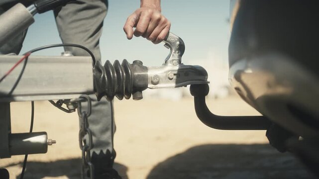 Close-up of a person connecting and locking a trailer hitch to a car