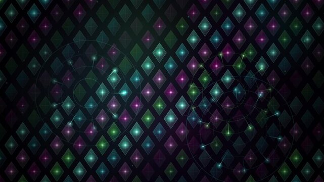 This dark, abstract grid structure features a seamless looping pattern of luminous diamond tiles and glowing holographic neural network nodes against a black backdrop.