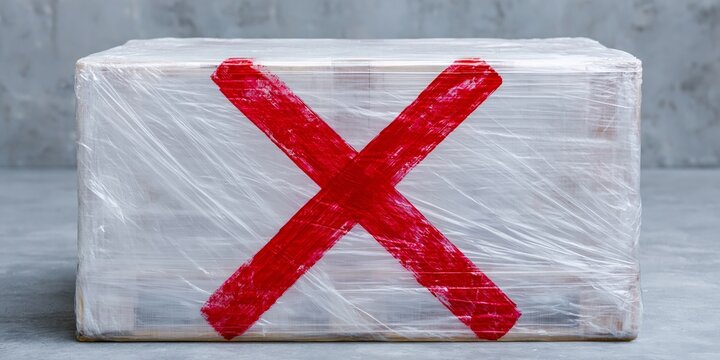 Cardboard box wrapped with red cross tape