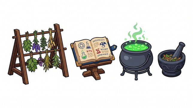 Fantasy alchemy setup with herbs potion and spellbook for game or