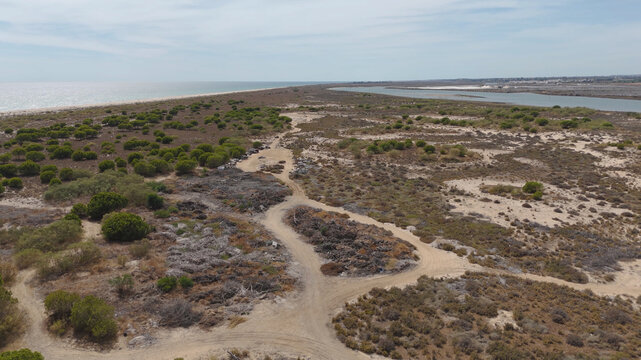 Aerial view of Tavira Island featuring sandy dunes, sparse vegetation, and dirt tracks leading towards the coastline under a clear sky in Luz, Faro District, Portugal.