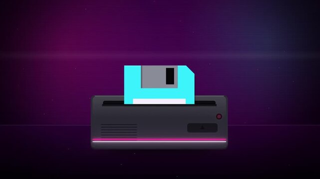 Retro cyan floppy disk and black disk drive on purple seamless loop