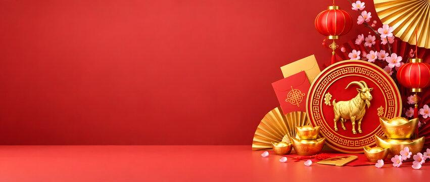 Gong xi fa cai. Auspicious Year of the Goat celebration banner with golden goat token medallion emblem. Crafted for festive branding with space for your wishes.