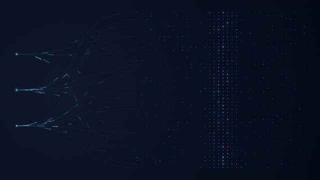 Seamless 4K loop of artificial intelligence machine training. Three data sources on the left branch into a complex dot matrix, illuminated by a glowing deep learning scanning wave on a dark blue backg