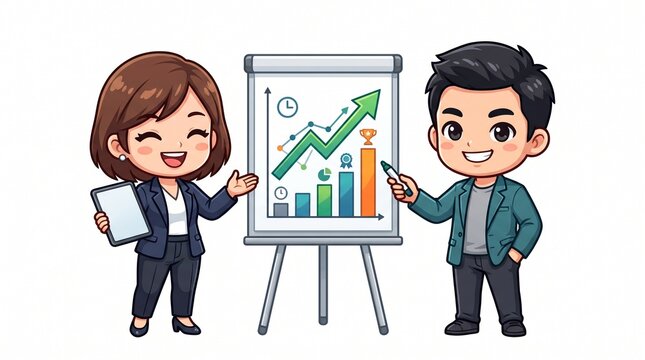 Professional cartoon duo presenting business growth chart in office