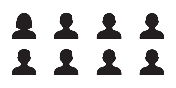 Minimalist black silhouette people avatars collection for generic user profile picture placeholders.