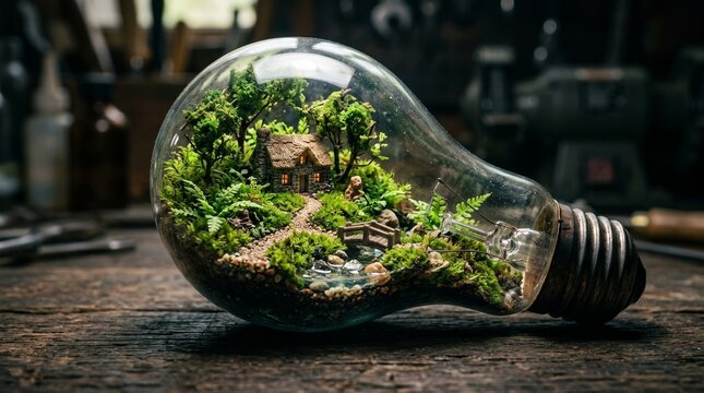Miniature green forest and tiny house enclosed inside glass lightbulb diorama macro close-up
